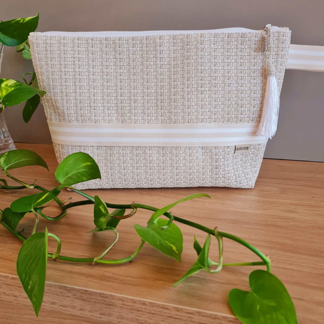 BOLSA TELA DE NYLON BEJE COM BRANCO