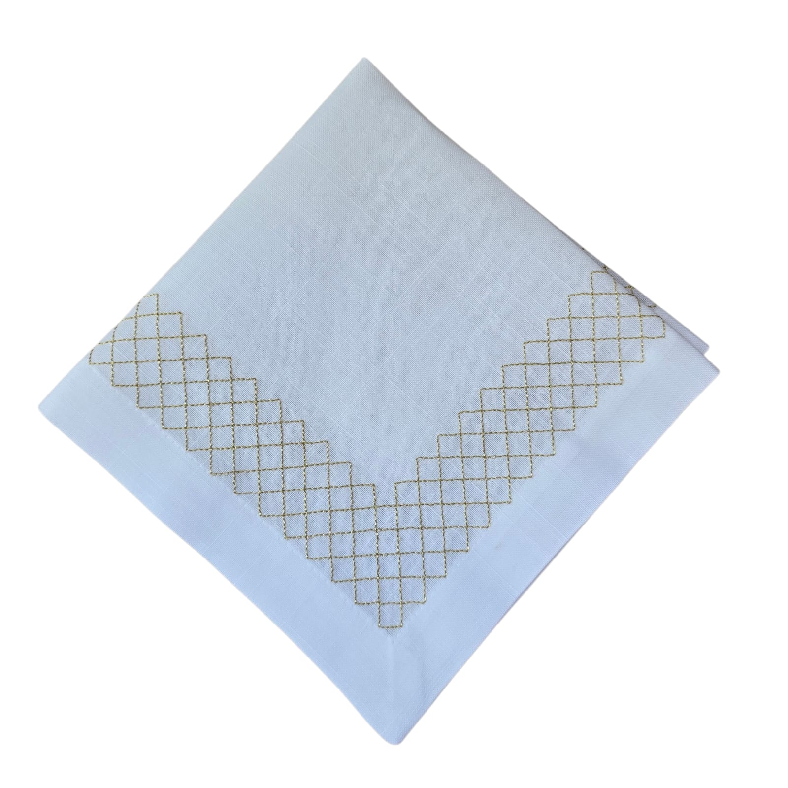 GUARDANAPO LINHO BRANCO BORDADO GEOMÉTRICO DOURADO